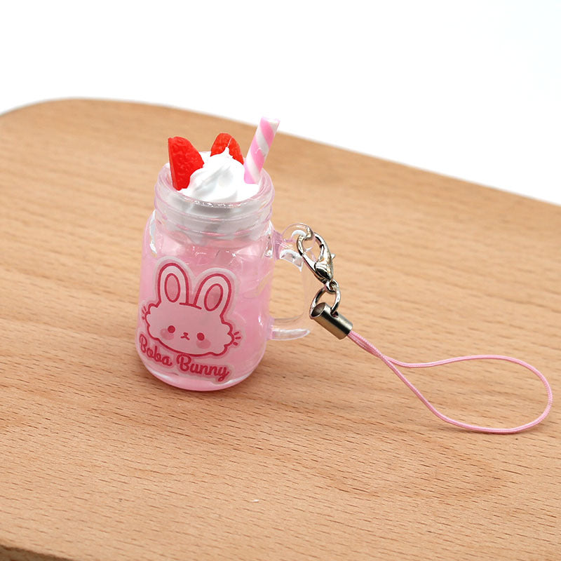Strawberry Bunny Ice Cream Cup Keychain, Cute PVC Rabbit Drink Pendant (4–6 cm)