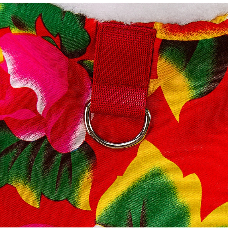 Winter Warm Dog Vest with D-Ring, Plush-Lined Floral Dog Jacket (Chinese Folk Style)