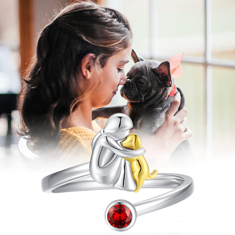 Girl and Dog Pet Ring, Adjustable Silver Alloy Heart-Themed Fashion Ring
