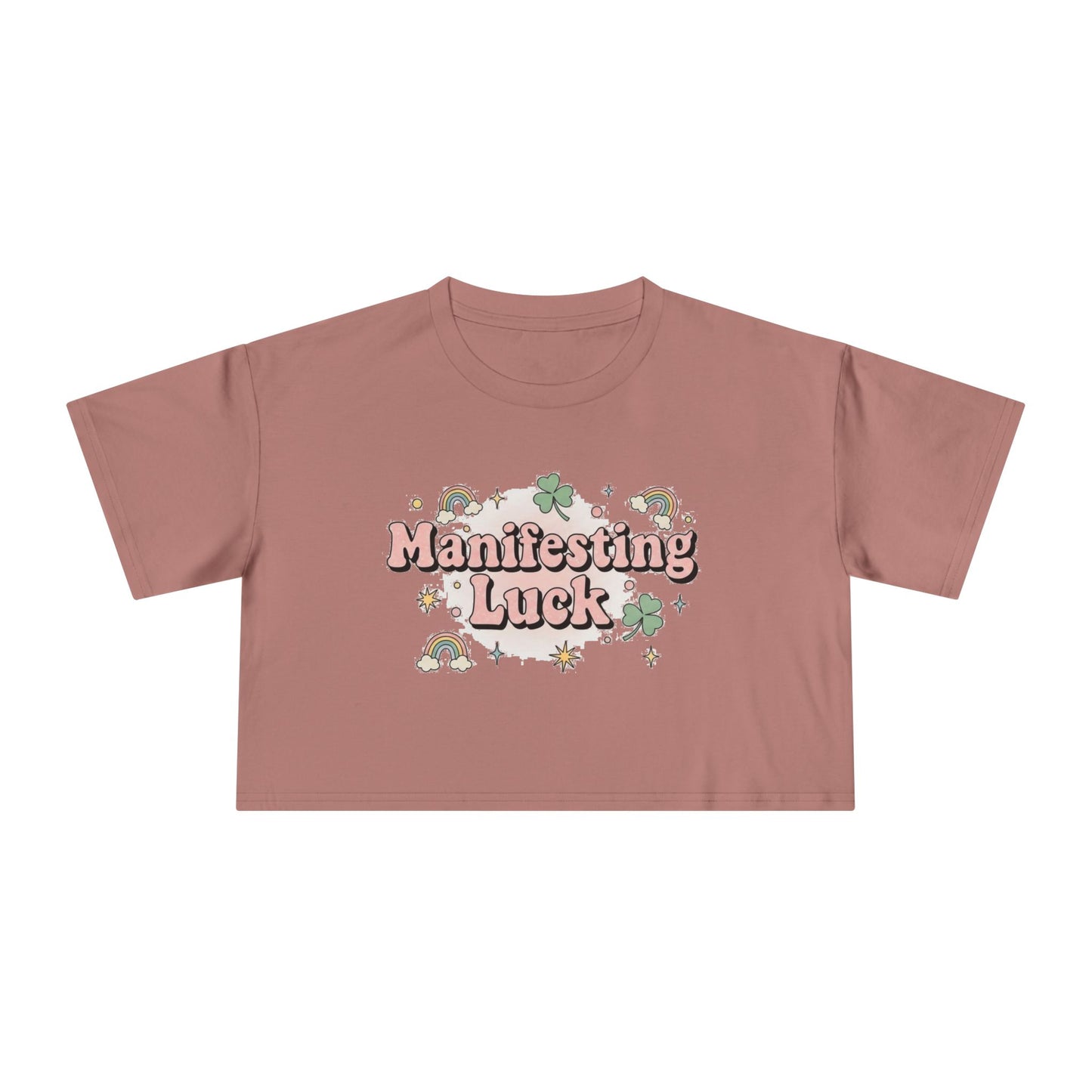 Manifesting Luck Crop Tee - Cute St. Patrick’s Day Clover & Rainbow Women's Top