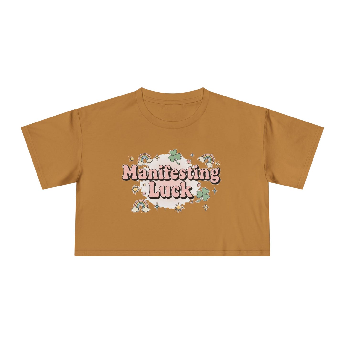Manifesting Luck Crop Tee - Cute St. Patrick’s Day Clover & Rainbow Women's Top