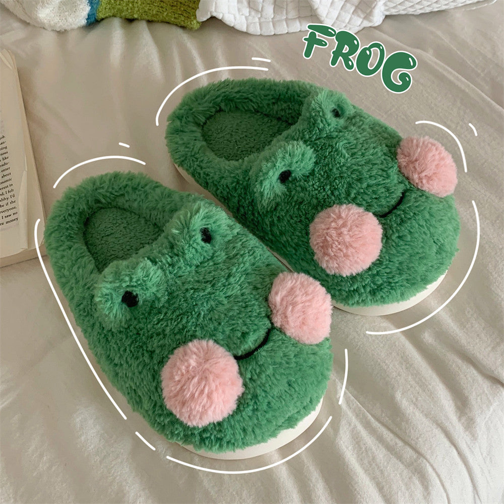 Cozy Steps: Women's Cute Cartoon Frog Slippers – Warm Plush for Indoor Comfort.