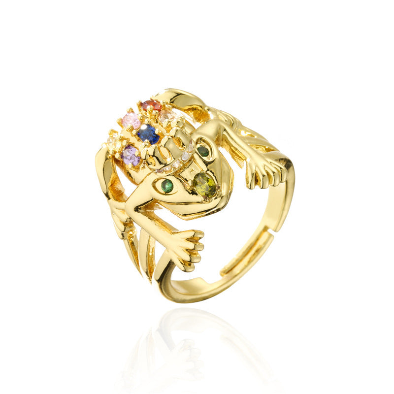 Adjustable Sparkle: Copper Micropaved Zircon Frog Geometric Ring.
