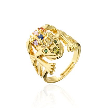 Adjustable Sparkle: Copper Micropaved Zircon Frog Geometric Ring.