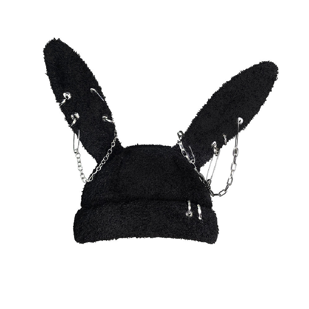 Fashion Rebellious Bunny Knitted Hat, Adjustable Black Street-Style Beanie
