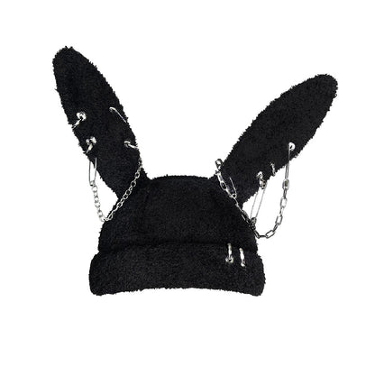 Fashion Rebellious Bunny Knitted Hat, Adjustable Black Street-Style Beanie