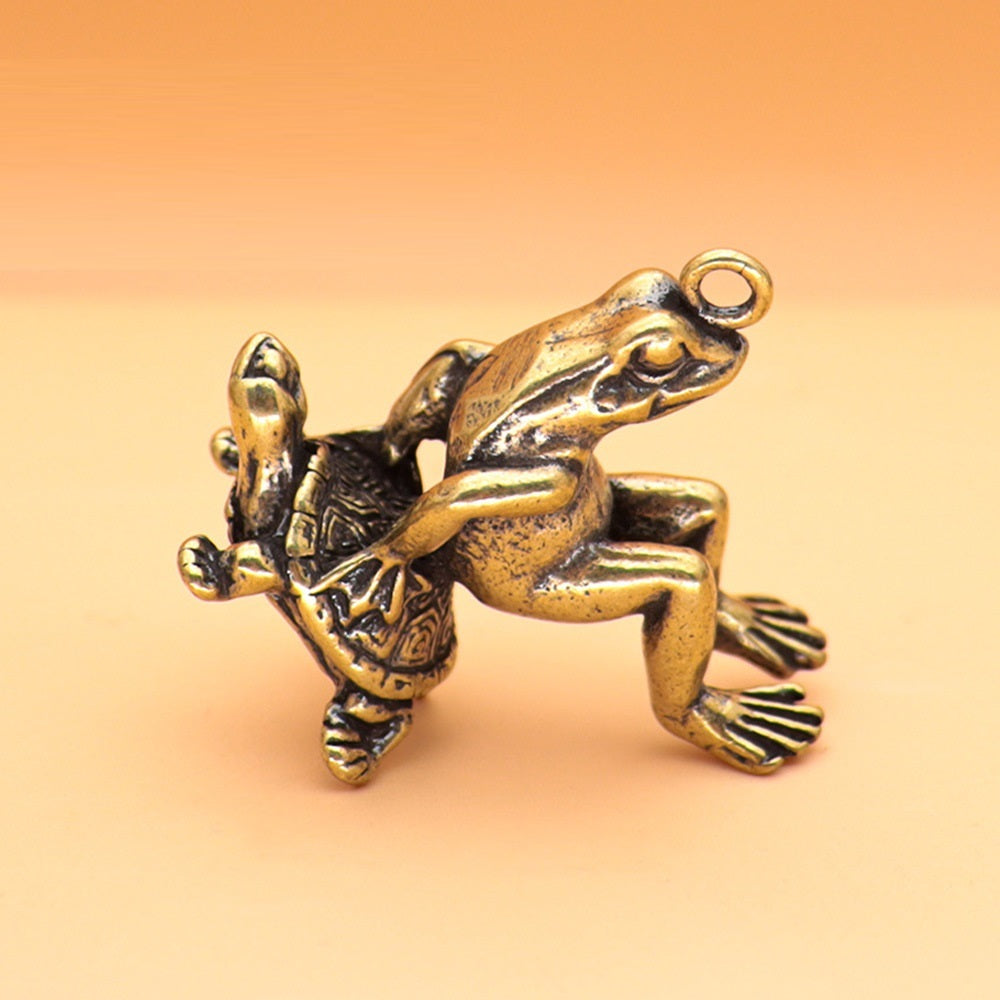 Double Luck: Retro Brass Turtle & Frog Pendant Keychain Ornament.