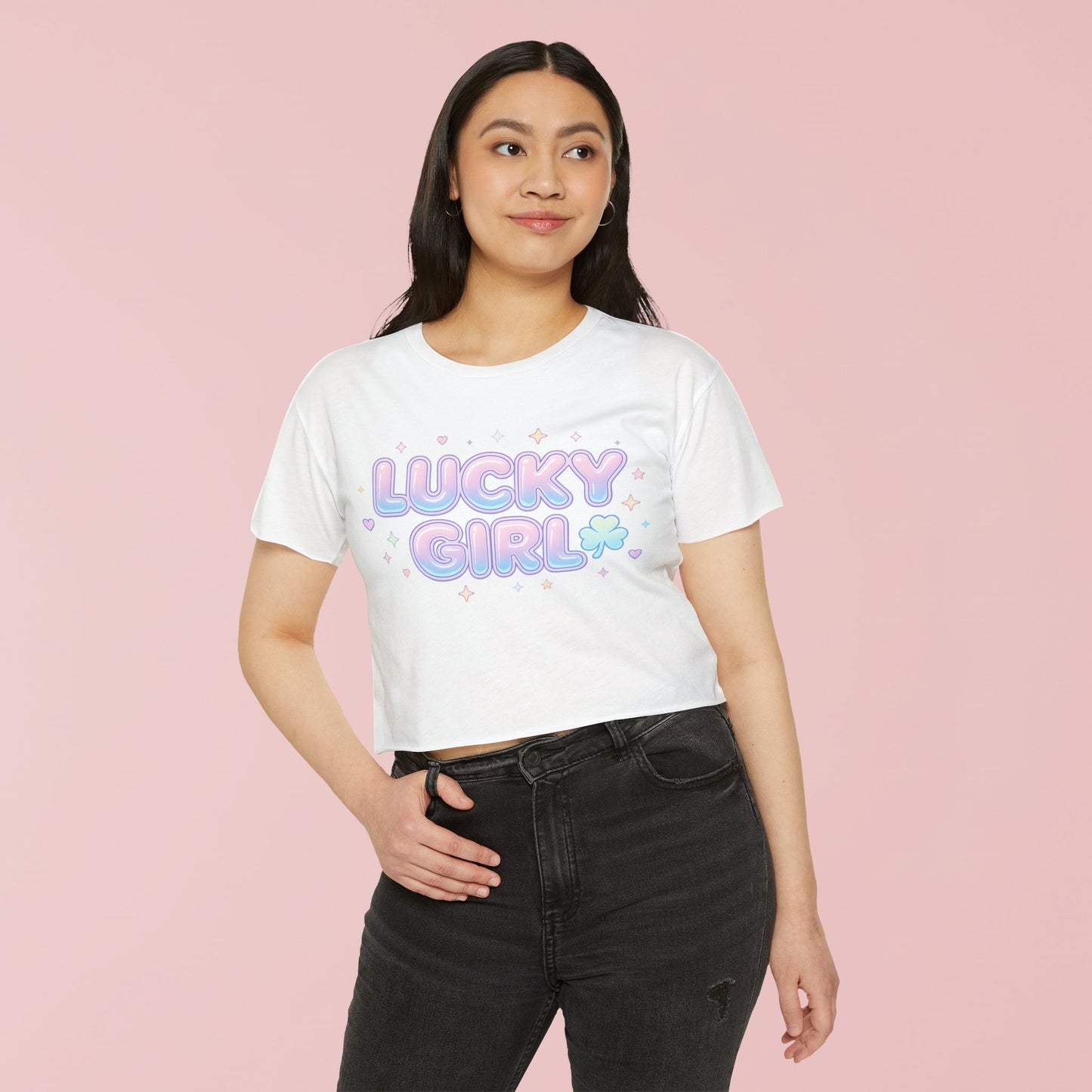 Lucky Girl Crop Top - Pastel Festival Graphic Tee for Women