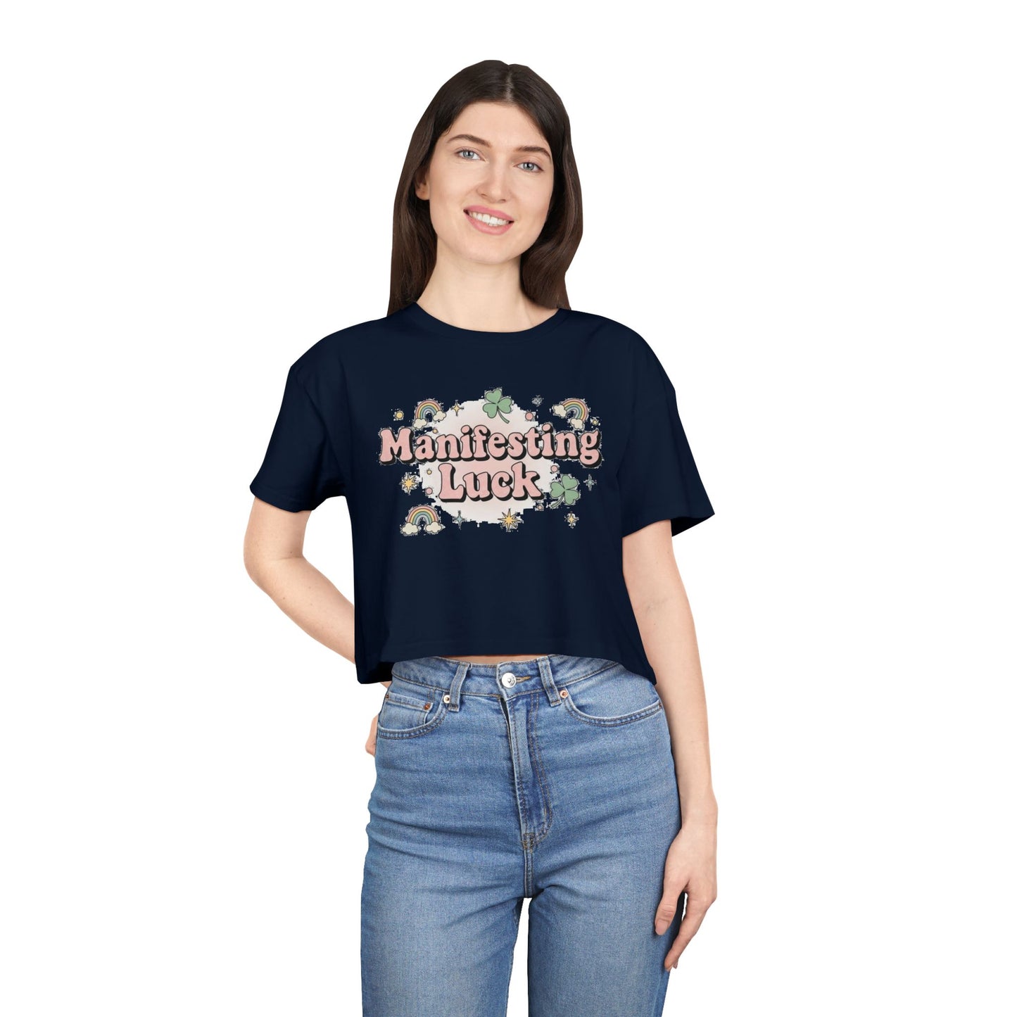 Manifesting Luck Crop Tee - Cute St. Patrick’s Day Clover & Rainbow Women's Top