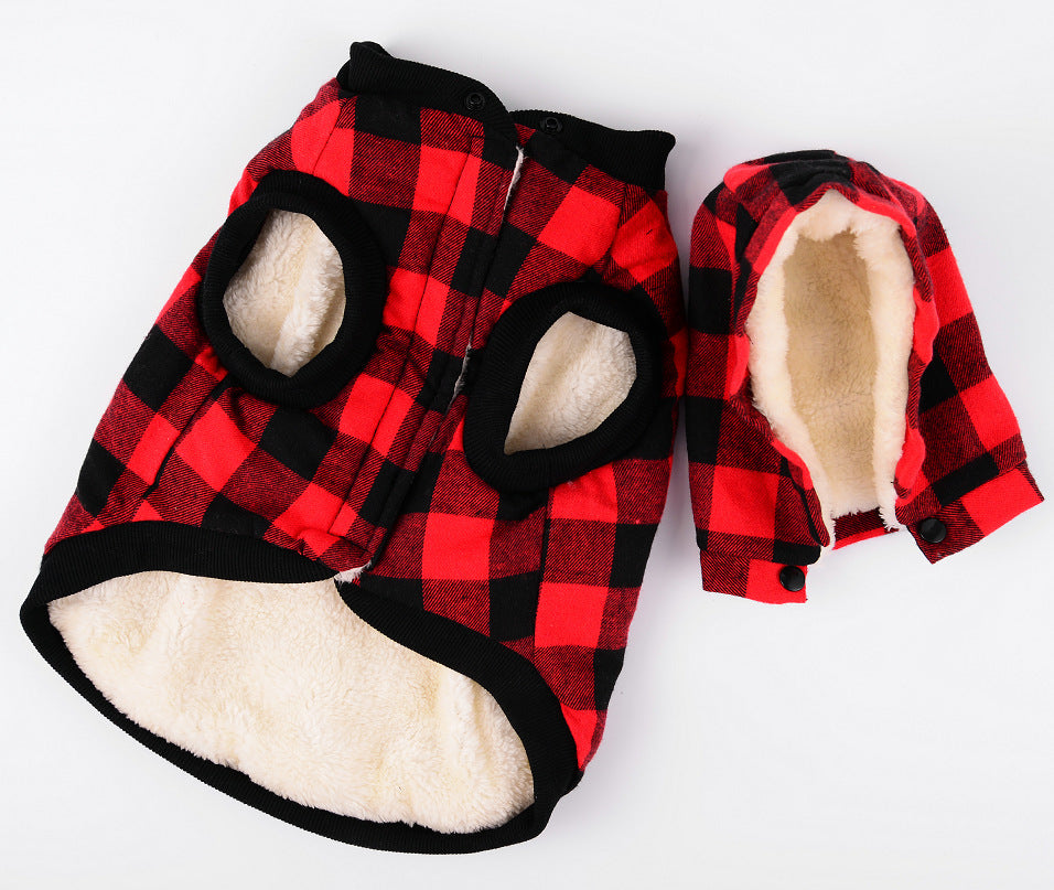 Autumn & Winter Plaid Pet Coat, Thickened Dog Clothing with Detachable Hat
