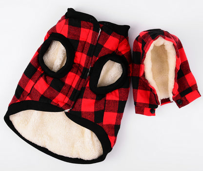 Autumn & Winter Plaid Pet Coat, Thickened Dog Clothing with Detachable Hat