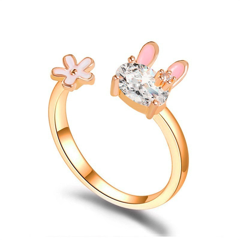 Beautiful Girl Heart Flower Ring, Cute Bunny Ring with Inlaid Gems (Women’s)