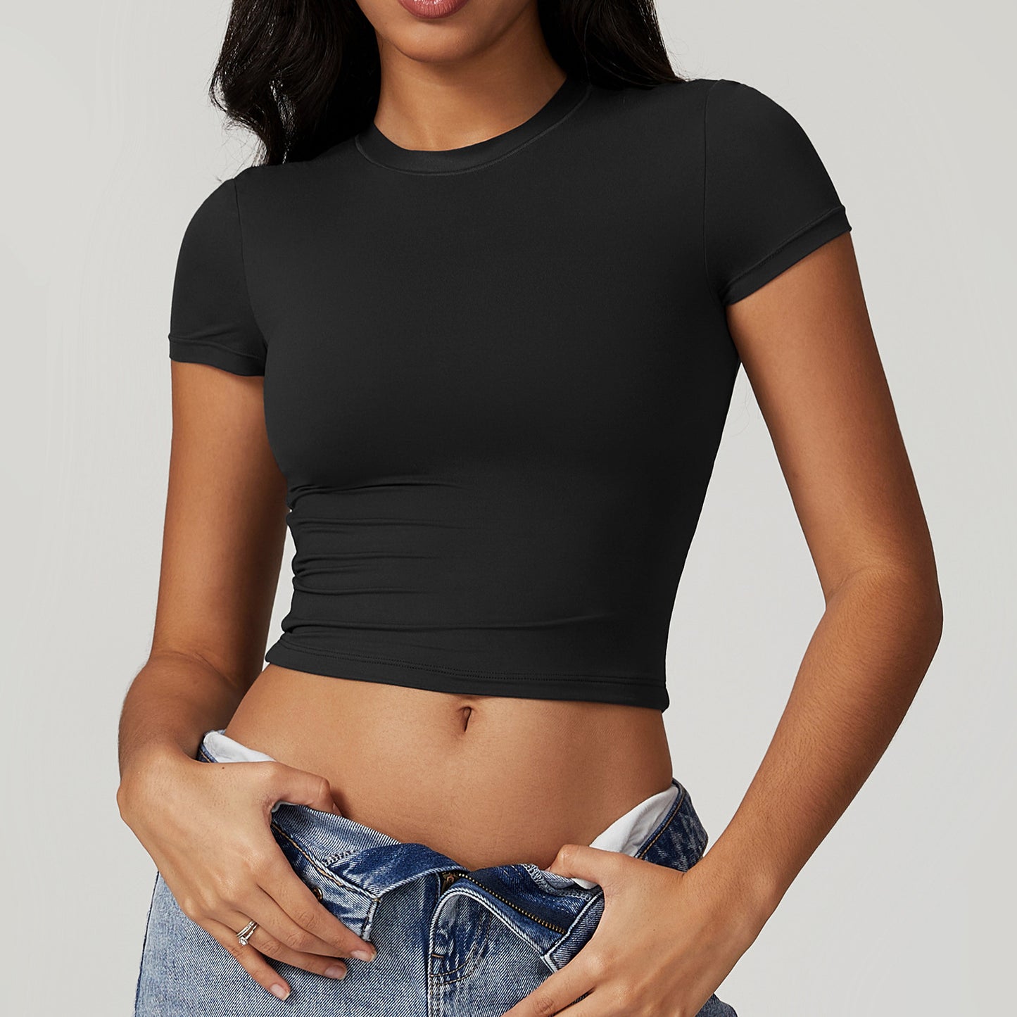 Women’s Short Sleeve Slim Fit Crop Top – Basic Stretch Round Neck Tee