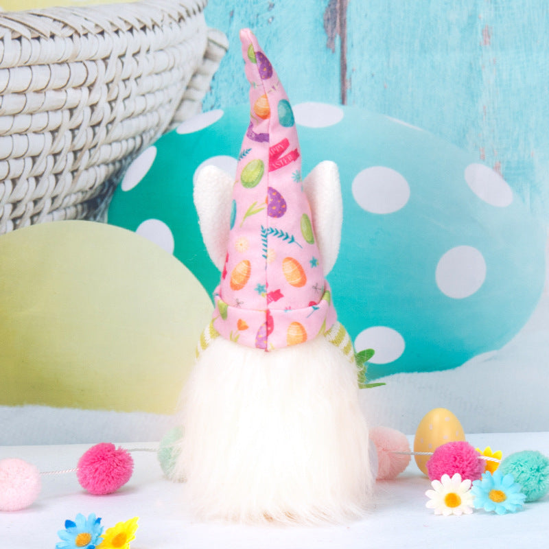 Charming Easter Decor: Faceless Bunny Doll Ornament (Pink/Green Cap).