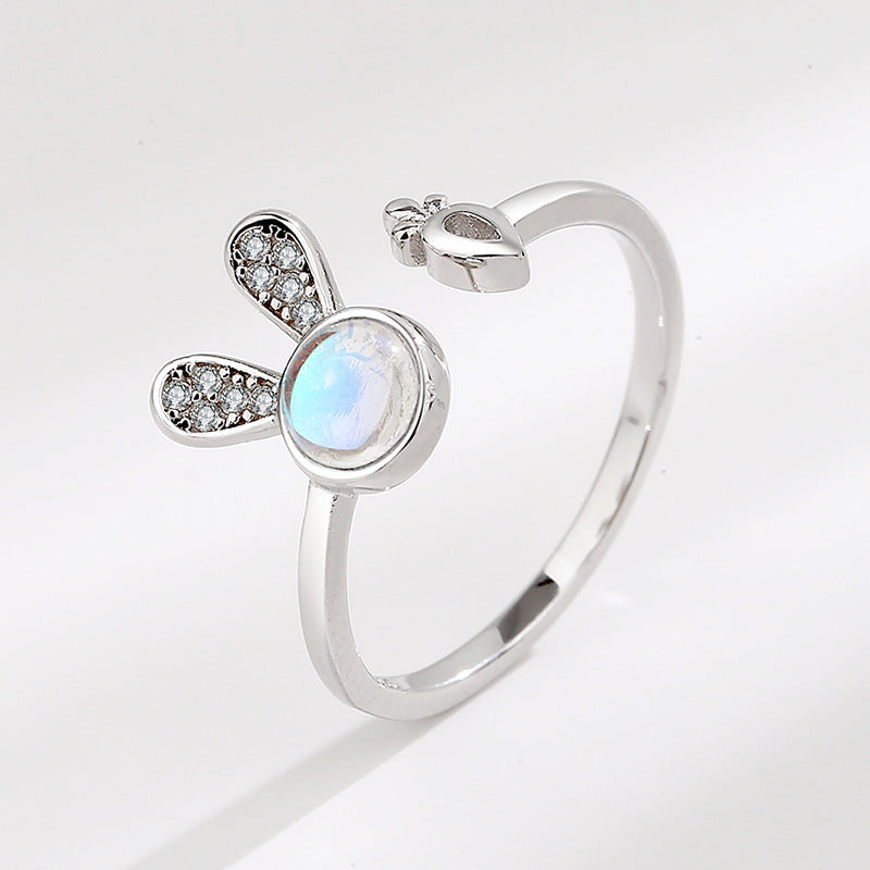 Bunny Radish Ring, Cute Moonstone Silver Ring for Women (Adjustable)
