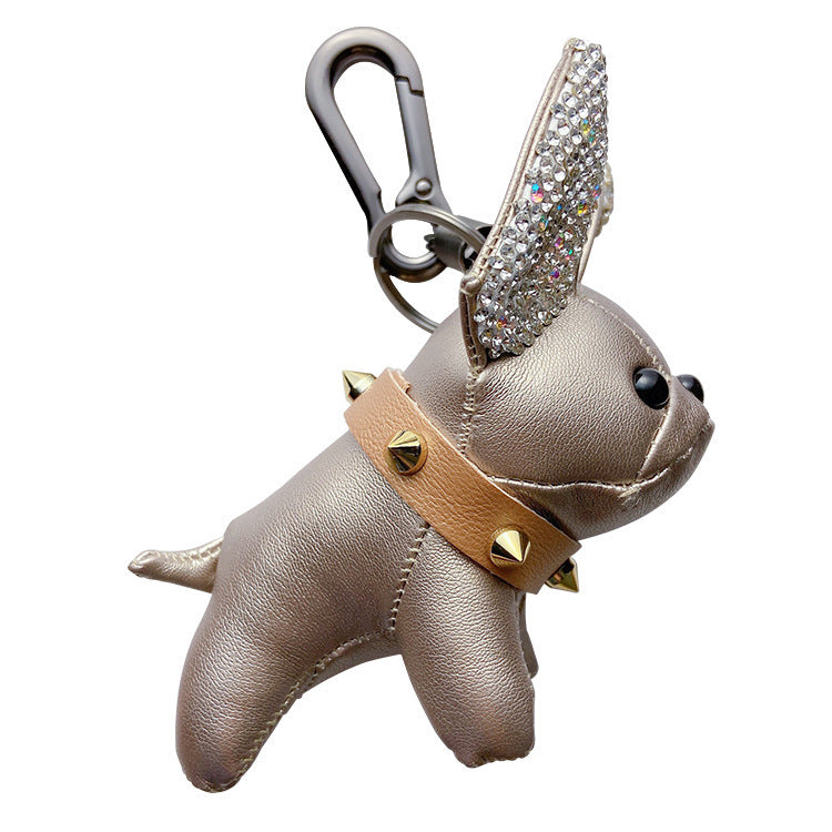 Creative Leather Diamond Dog Keychain, Mini French Bulldog PU & Rhinestone Pendant