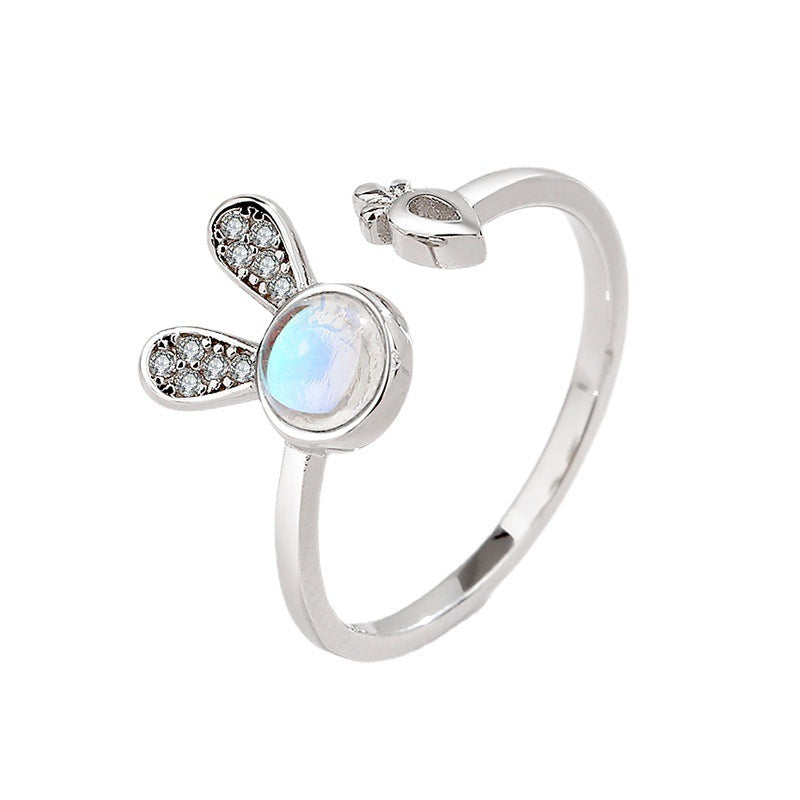 Bunny Radish Ring, Cute Moonstone Silver Ring for Women (Adjustable)