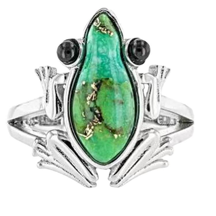Charming Accent: Silver Creative Personality Cute Turquoise Frog Animal Ring.