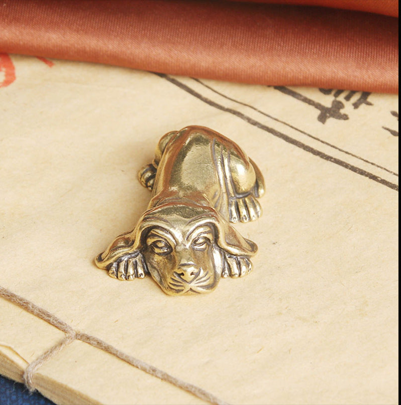 Pure Brass Zodiac Dog Desk Ornament, Lost-Wax Cast Tea Pet & Office Decoration