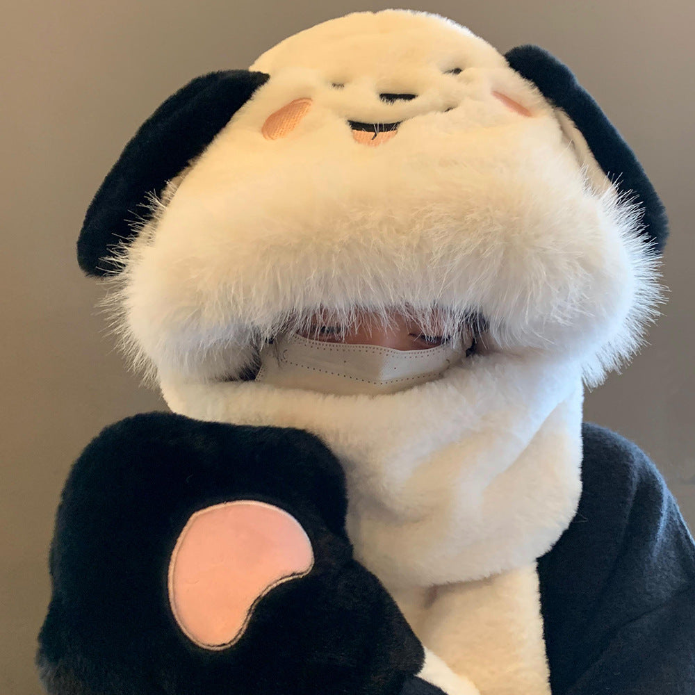 Cute Dog Winter Fleece Hat with Integrated Scarf & Gloves, Thickened Warm Cartoon Pet Accessory