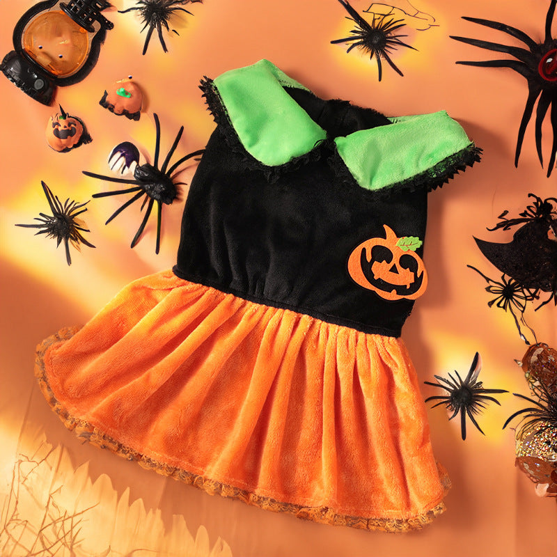 Halloween Pumpkin Pet Costume, Crystal Velvet Pumpkin Dress & Sweater for Dogs & Cats (S–2XL)
