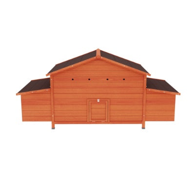 Large Wooden Chicken Coop, Outdoor Hen House with 2 Side Nesting Boxes, 2 Free-Range Doors & Leakproof Tray (Brick Red, Solid Wood)