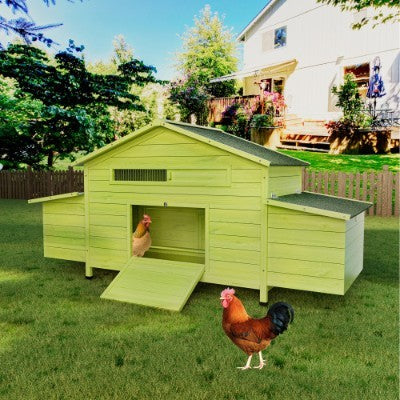 11.12 ft² Large Wooden Chicken Coop, Outdoor Hen House with 2 Free-Range Doors, 2 Nesting Boxes, Perch & Ventilation System (Green)