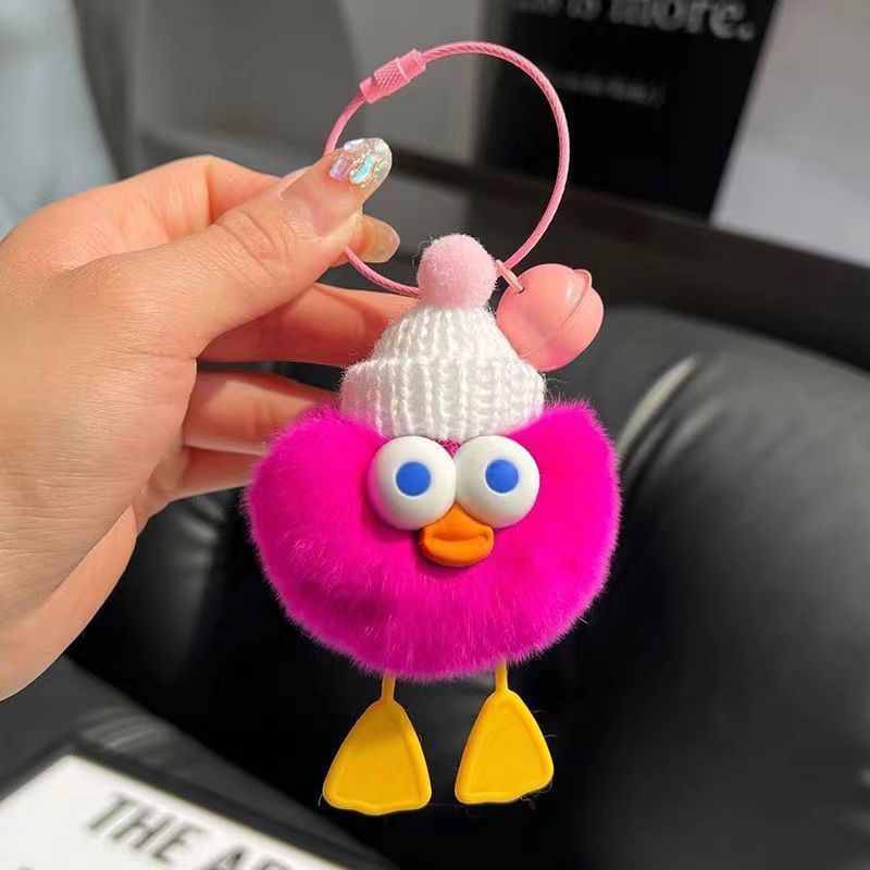 Soft & Stylish: Cute Imitate Rex Rabbit Fur Little Duck Car Key Ring Pendant.