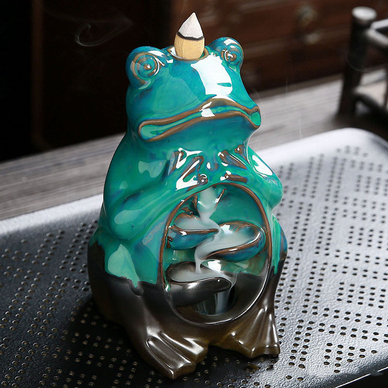 European Charm: Handmade Ceramic Frog Backflow Incense Burner (Kiln-Baked Green).