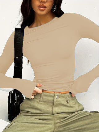 Women’s Long Sleeve Round Neck Crop Top – Ultra Short Pullover T-Shirt