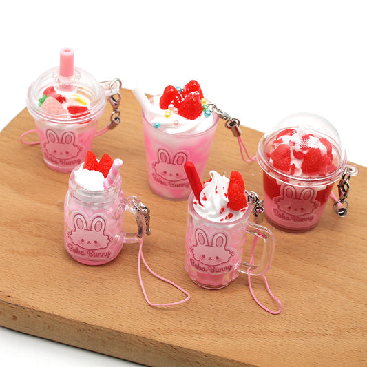 Strawberry Bunny Ice Cream Cup Keychain, Cute PVC Rabbit Drink Pendant (4–6 cm)