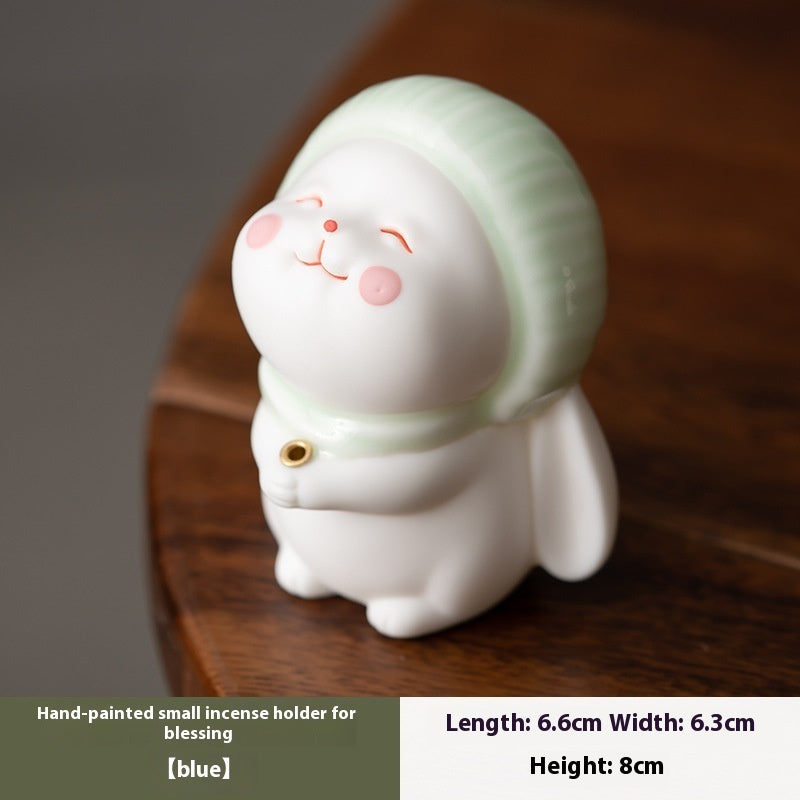 Ceramic Bunny Incense Base, Hand-Painted Desktop Ornament & Incense Holder