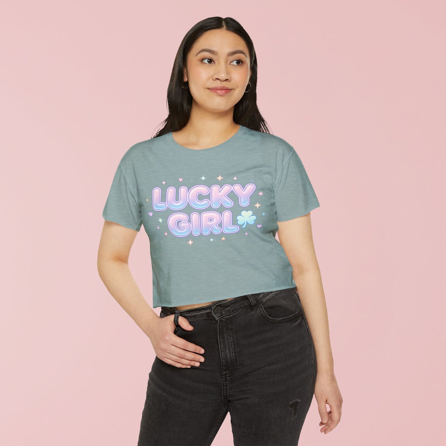 Lucky Girl Crop Top - Pastel Festival Graphic Tee for Women