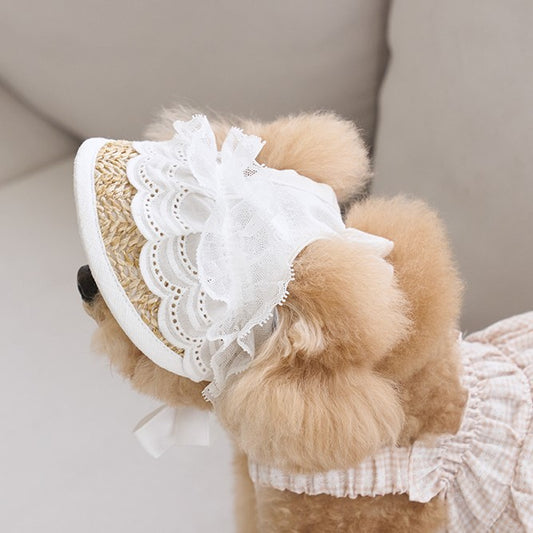 Lace Straw Sun Hat for Pets, Adjustable INS-Style Dog & Cat Hat with Rope and Pig Nose Button