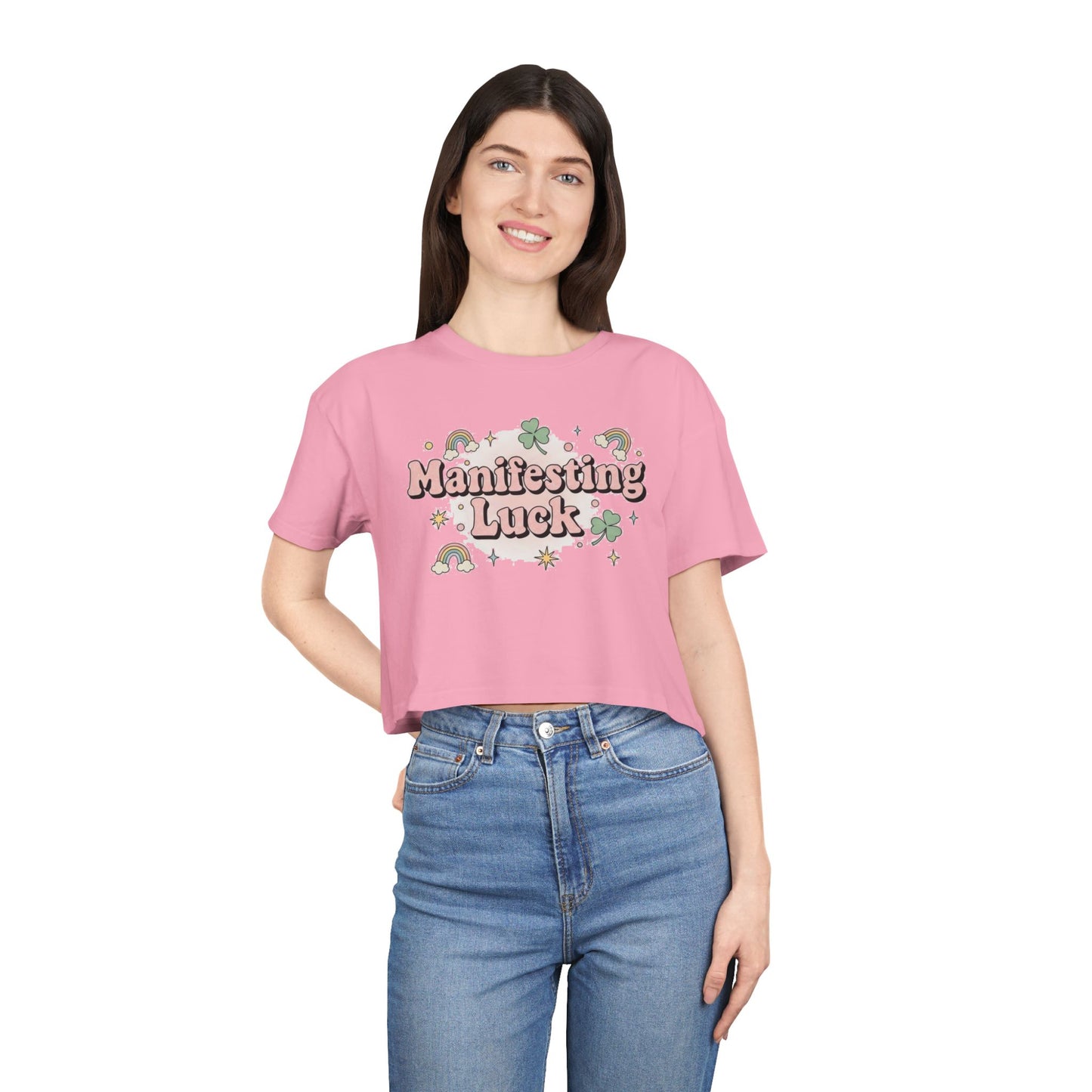 Manifesting Luck Crop Tee - Cute St. Patrick’s Day Clover & Rainbow Women's Top