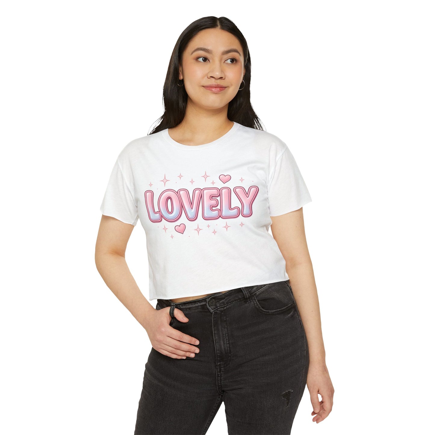 Lovely Crop Top | Cute Pink 'LOVELY' Graphic Festival Tee for Women