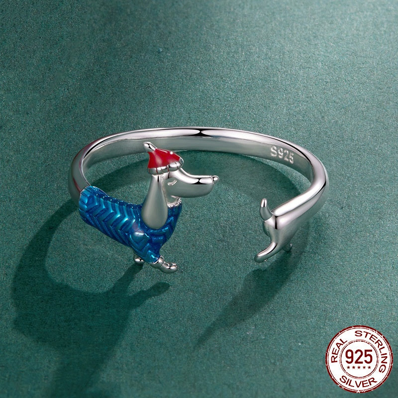 S925 Sterling Silver Christmas Sausage Dog Open Ring, Festive Women’s Adjustable Holiday Jewelry