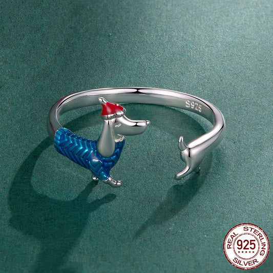 S925 Sterling Silver Christmas Sausage Dog Open Ring, Festive Women’s Adjustable Holiday Jewelry