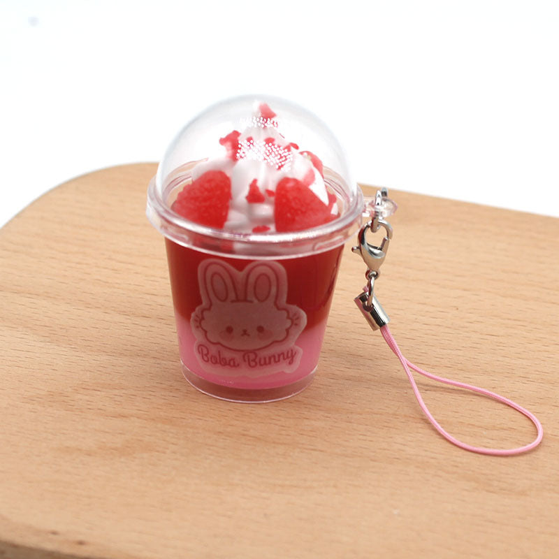 Strawberry Bunny Ice Cream Cup Keychain, Cute PVC Rabbit Drink Pendant (4–6 cm)