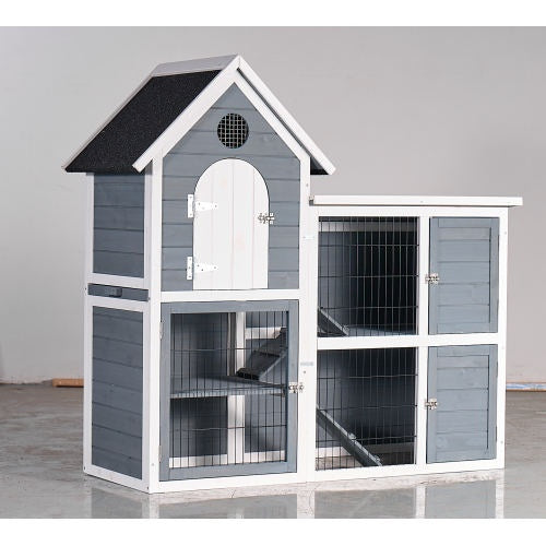 Large 2-Story Wooden Chicken Coop & Rabbit Hutch, Weatherproof Outdoor Pet House with Pull-Out Tray & Waterproof Roof (Grey-Blue, 50.98"L x 48.23"H)