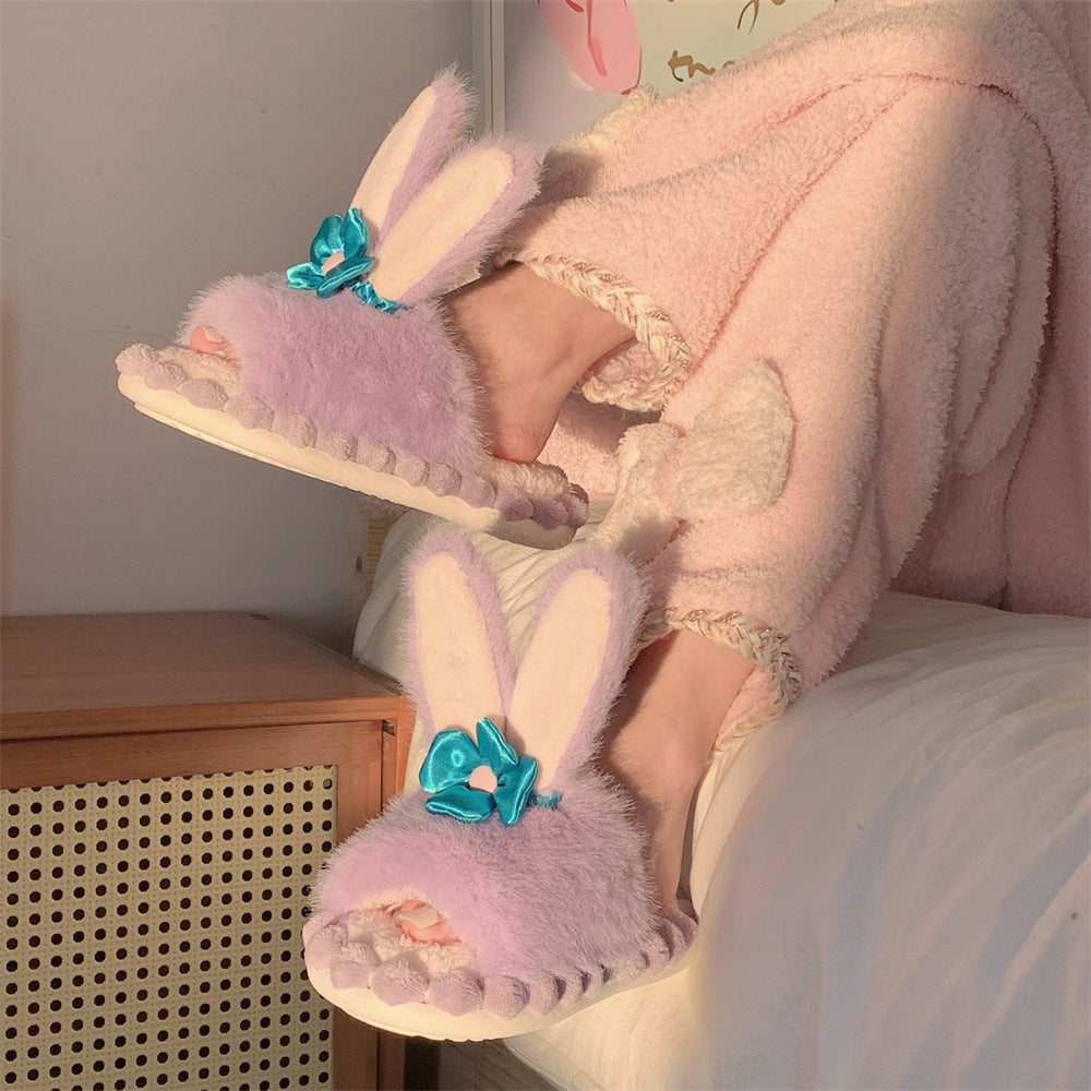 Cute Purple Bunny Plush Slippers, Non-Slip Soft Bottom Indoor Footwear