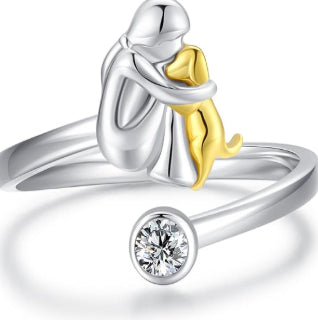 Girl and Dog Pet Ring, Adjustable Silver Alloy Heart-Themed Fashion Ring