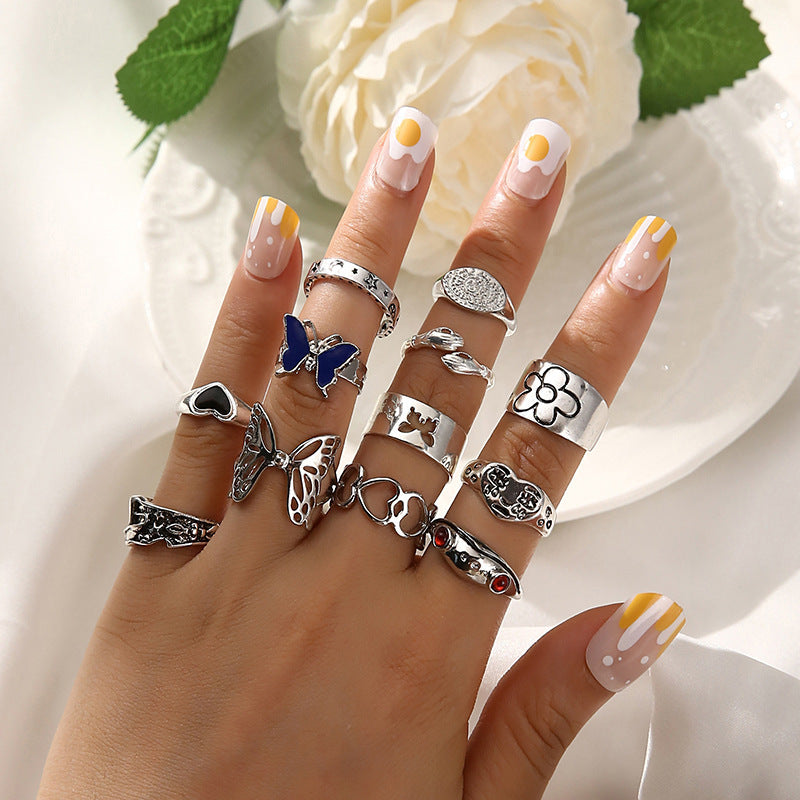 Dazzling Variety: $\mathbf{12}$-Piece Gemstone Butterfly and Frog Animal Ring Set (Silver Alloy).