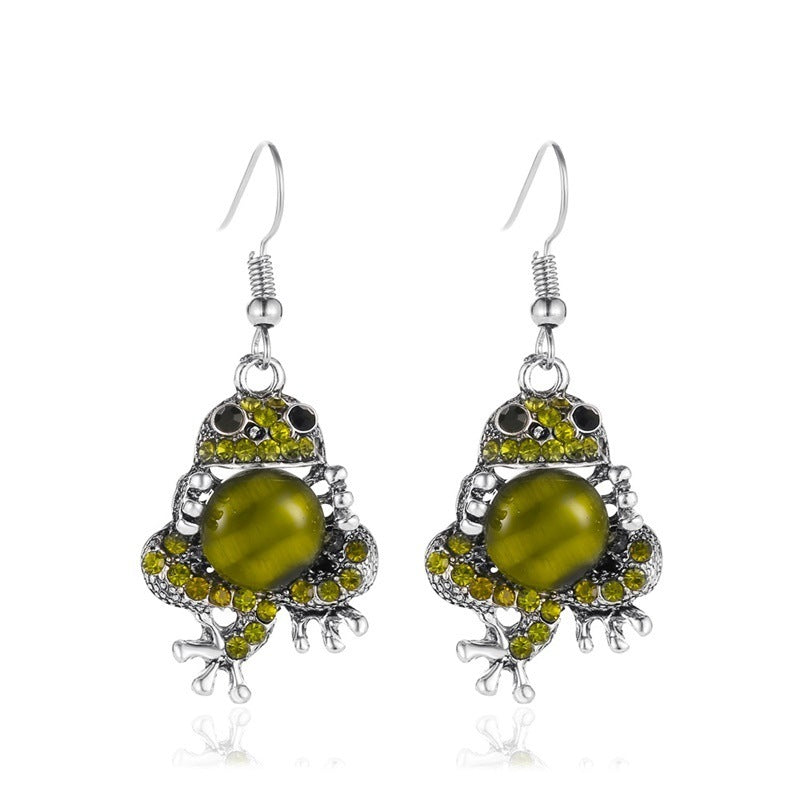 European Charm: Opal Cute Frog Alloy Jewelry Set (Ring, Earrings & Necklace).