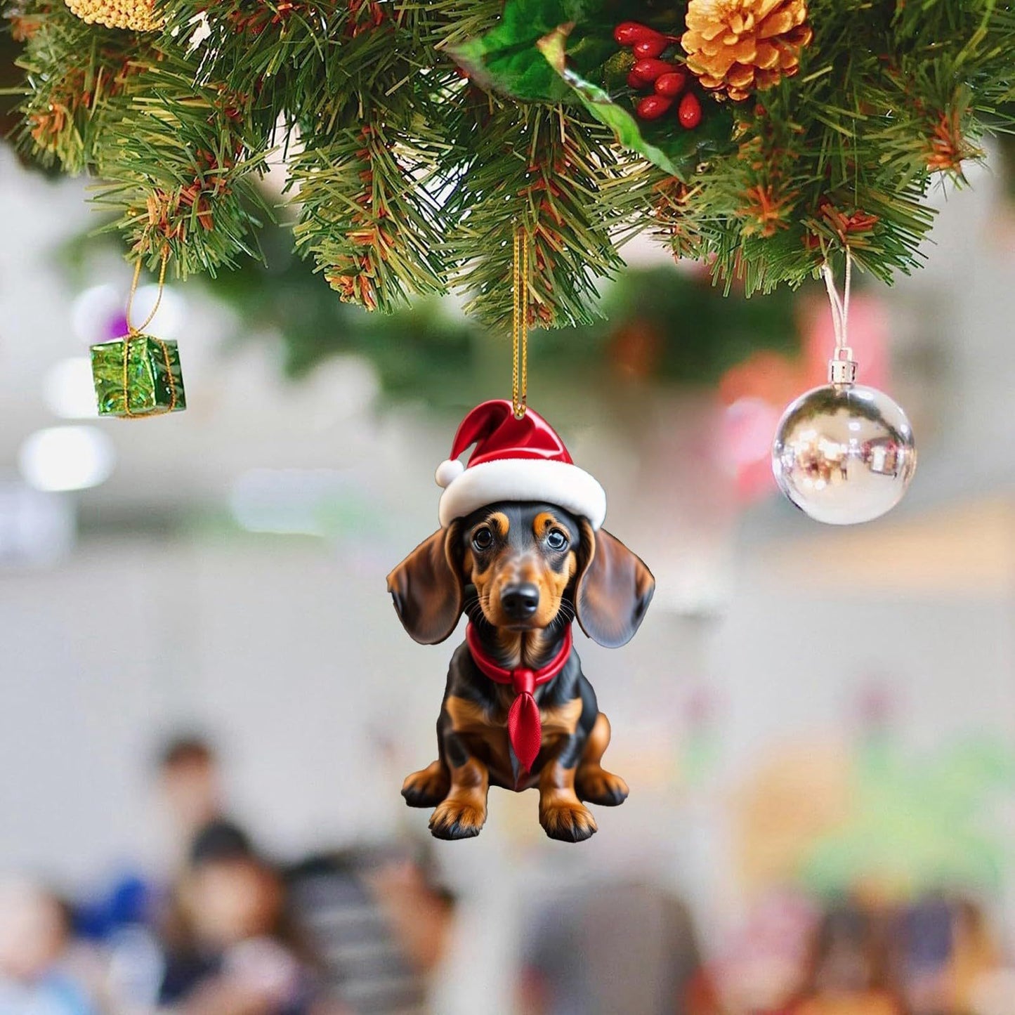 Christmas Sausage Dog Hanging Ornament, Acrylic Printed Holiday Decoration