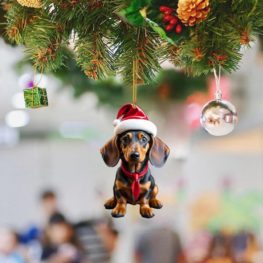 Christmas Sausage Dog Hanging Ornament, Acrylic Printed Holiday Decoration