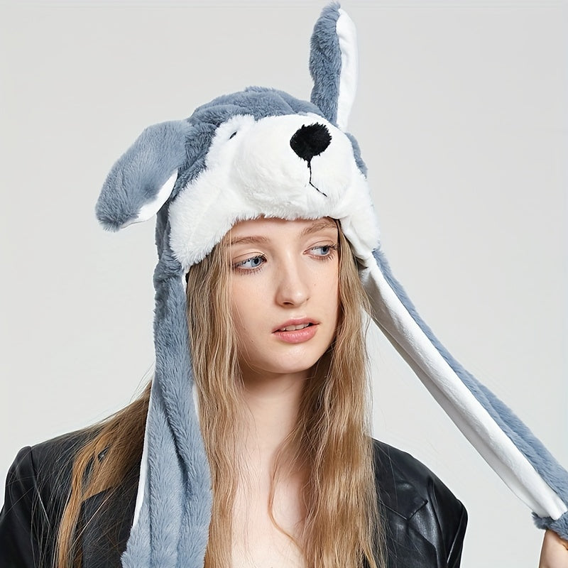 Cute Animal Moving Ear Hat, Plush Panda, Dog, Frog & Bunny Earflap Cosplay Hat for Women