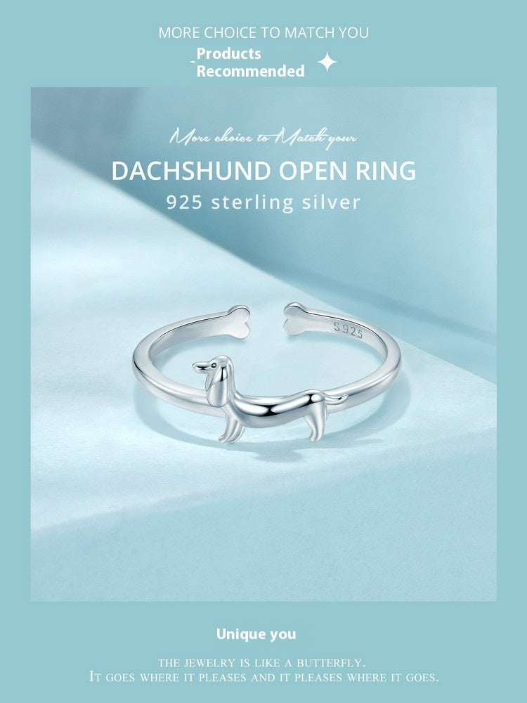 Women’s Cute Sausage Dog Open Ring, S925 Sterling Silver Adjustable Animal Ring