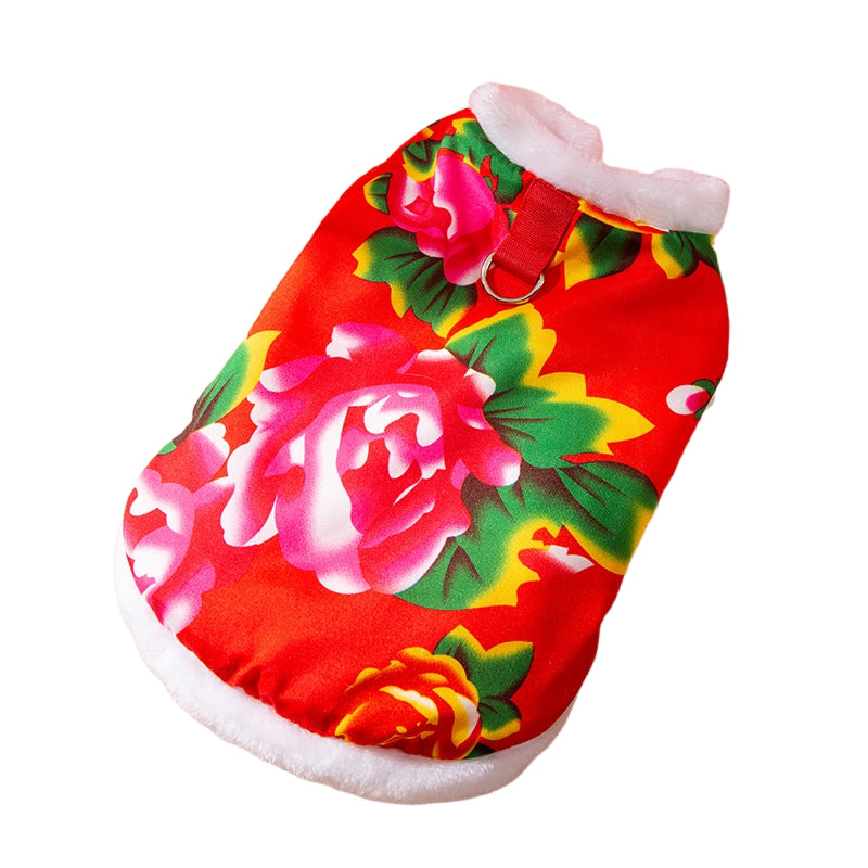 Winter Warm Dog Vest with D-Ring, Plush-Lined Floral Dog Jacket (Chinese Folk Style)