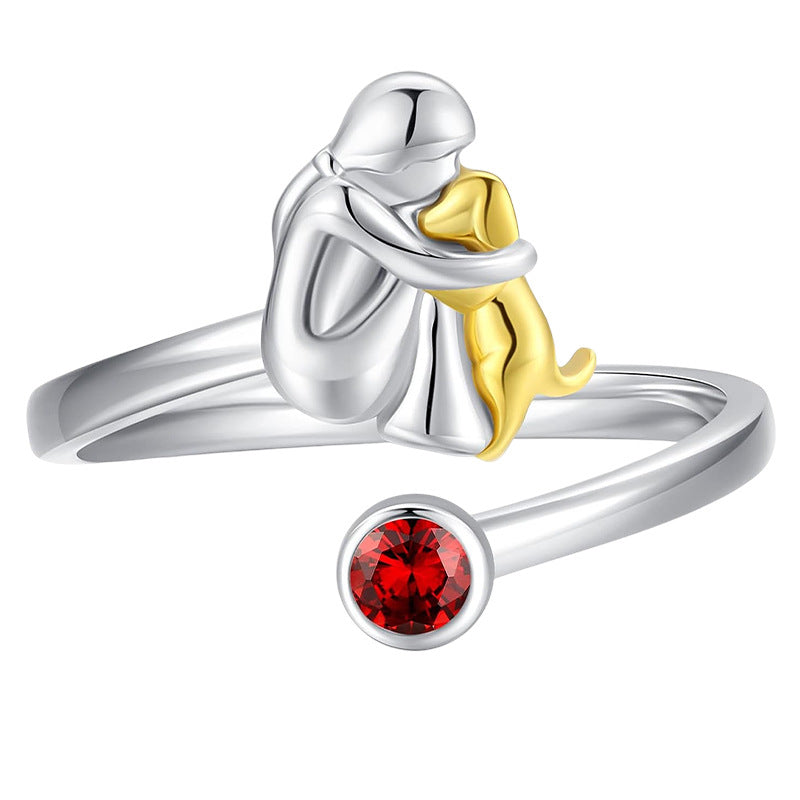 Girl and Dog Pet Ring, Adjustable Silver Alloy Heart-Themed Fashion Ring